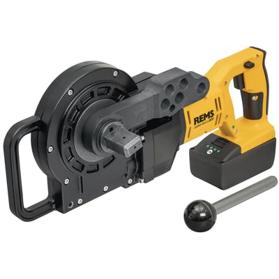 REMS Akku-bukkemaskine Curvo 22V med kraftig sort bukkemekanisme og gult håndtag med batteri.