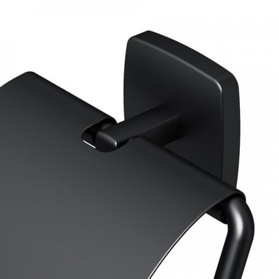 Nærbillede af AM.PM Gem toiletpapirholder med låg i mat sort, viser detaljer ved ophæng og holder.
