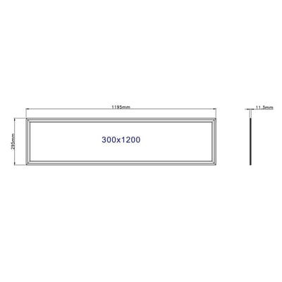 Teknisk tegning af Philips LED-panel 120x30 cm, der viser dimensioner: 1195mm x 295mm og 11,3mm tykkelse.