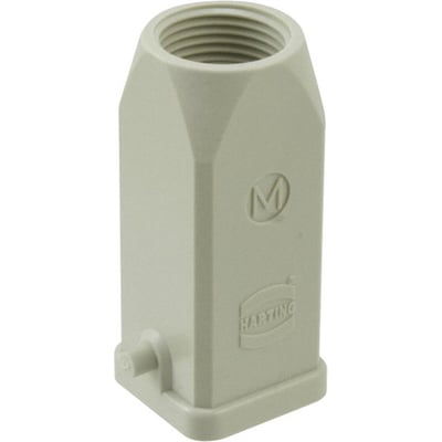 Nærbillede af Harting HAN A stikhus type 3A, viser M20 gevind og Harting logo i grå polycarbonat.