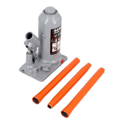 Nærbillede af Bahco BH450 hydraulisk flaskedonkraft med fokus på logo, betjeningshåndtag og tre orange forlængerrør.