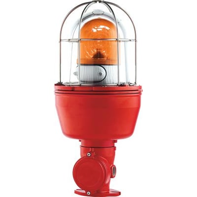 Sirena EX roterende lampe, 24V AC, orange. Lampen har et beskyttende metalgitter over den orange kuppel og en rød base.