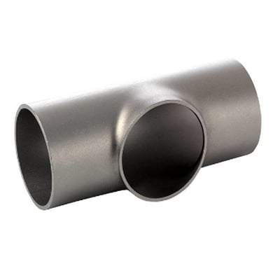 Rustfrit svejset T-stykke kort gren, form A, med en udvendig diameter på 114,3 mm og en vægt på 1,76 kg, egnet til drikkevandsinstallationer.