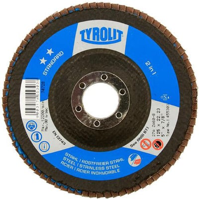 Tyrolit STANDARD 2IN1 lamelrondel 178x22,2 mm ZA60Q-B til stål og rustfrit stål, vist med en anden farve på båndkanterne.