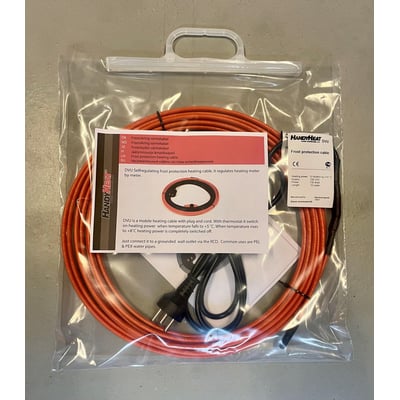Jevi HandyHeat DVU frostsikringsvarmekabel på 14 meter, uden termostat, pakket i klar pose med instruktioner og et stik.