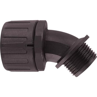 HellermannTyton sort forskruning med 45° vinkeltilslutning, PA66 materiale og M20 udvendigt gevind.