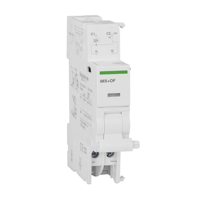 Schneider Electric udkoblingsspole iMX/OF i hvid plast med grøn knap, 18 mm bred med 48 VAC/48 VDC styrespænding.