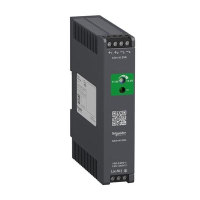 Schneider Electric Modicon ABLS Optimized strømforsyning, 1-faset, 12 V og 6,2 A, set skråt forfra med tilslutninger.