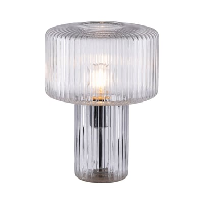 Fungus glasbordlampe fra Paul Neuhaus isoleret på hvid baggrund, med klar ribbet glas og synlig lyskilde.