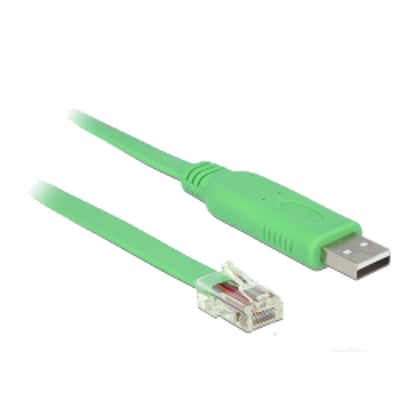 Grøn Delock USB 2.0-adapter med USB Type-A-hanstik og serielt RS-232 RJ45-hanstik.