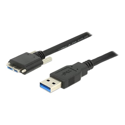 Sort DeLOCK USB 3.0-kabel på 3 meter med Type A- og Micro B-hanstik samt skruer, vist med begge stik.