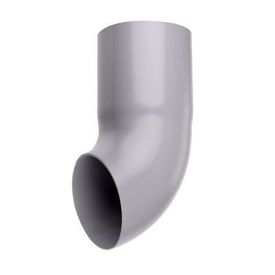 Plastmo vandudkaster i grå plast med 90mm diameter og en buet form til effektiv vandafledning fra tagrender.