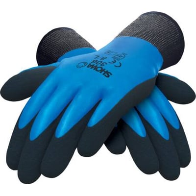 Par af Showa Dual 306 latex arbejdshandsker, str. 8, med en blå yderside og sort belægning på fingre og håndflade, placeret krydsende på hvid baggrund.