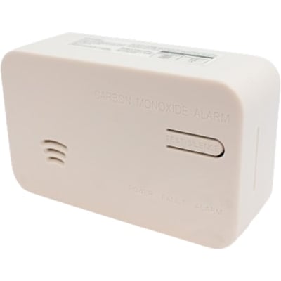 Esnonordic kuliltealarm i hvid plast, med tydelig tekst 'CARBON MONOXIDE ALARM' og test/silence knap.