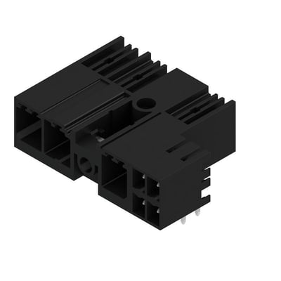 Sort Weidmüller-hybridconnector til printmontering med tre poler, 7,62 mm afstand og 90° udgang.