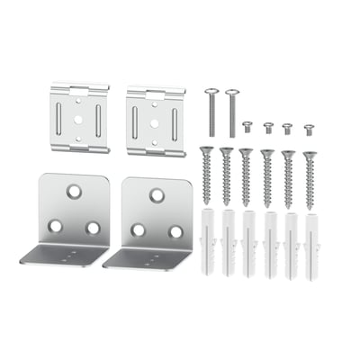 LEDVANCE Office Linear monteringsbeslag til væg med metalbeslag, vinkler, skruer og rawlplugs vist samlet.