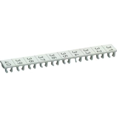 Wieland mærkestribe 9705A/6/10B i hvid plast med sort skrift, nummereret 31-40 og klar til montering.