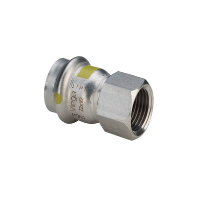 Detaljebillede af Viega Sanpress Inox G overgang, der viser 28 mm presfitting og 3/4" G-gevind på rustfrit stål.