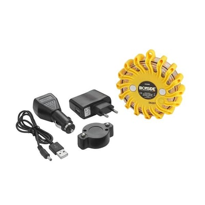 Ironside gult genopladeligt advarselslys med 16 LED set bagfra sammen med opladere, USB-kabel og magnetfod.
