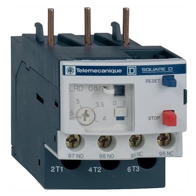 Ældre model af TeSys termorelæ LRD 08, 9-13A, med "Telemecanique SQUARE D" logo, viser reset- og stopknap.