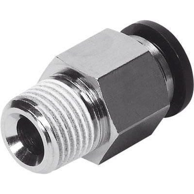 Festo lige forskruning QS-3/8-16 i metal med udvendigt gevind og sort push-in fitting på hvid baggrund.