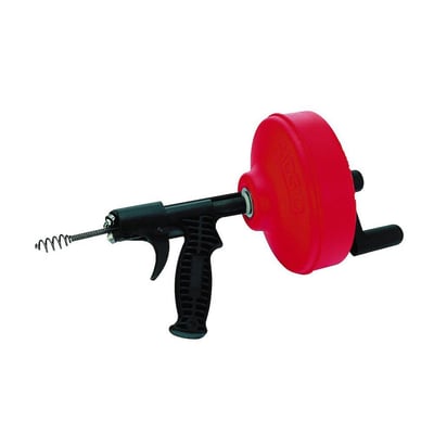 Ridgid Power Spin håndrenser set fra siden, med synlig 6,3 mm x 7,6 m spiral og automatisk fremføringsmekanisme.