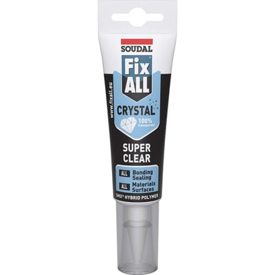 Soudal Fix ALL Crystal multifuge og klæber i 125 ml tube med blå, sort og hvid etiket og klar hætte.