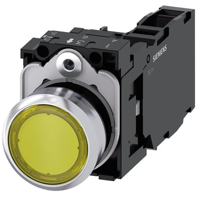 Siemens 22mm trykknap med gul, højglans metalfront og integreret lysmodul, vist med 1NO+1NC kontakter.