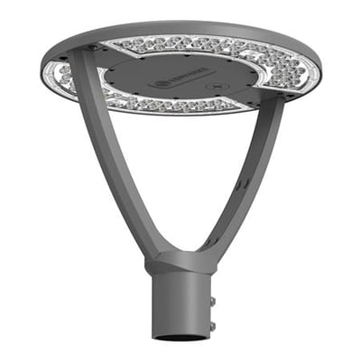 Grå LEDVANCE Urban Lantern Asym mastetoplampe med rund lysflade og buet mastetopbeslag, set nedefra.