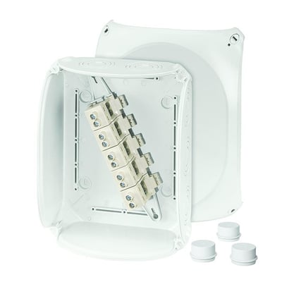 Hensel DK2525G forgreningsdåse med dimensioner 255x205x112 mm, viser 5-polet klemme og kabelindføringer.