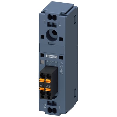 Siemens halvlederrelæ på 20 A til 1-fase, set forfra og fra siden med synlige orange fjederklemmer.