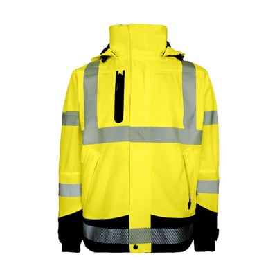 Lyngsøe Rainwear skaljakke 4WS-5057 i hi-vis gul og sort, str. 6XL, med reflekser og hætte.