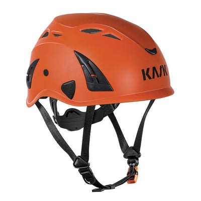Sidebillede af Kask Plasma AQ sikkerhedshjelm i orange med ventilationshuller og fastgørelsespunkter til tilbehør.