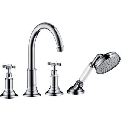 Hansgrohe AXOR Montreux 4-huls kararmatur i krom med buet tud, to ventilgreb og håndbruser.