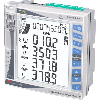 Carlo Gavazzi WM30 netanalysator til 3x400 V med 5 A strømtrafo, set skråt forfra med display og blå betjeningsknapper.