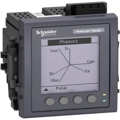 Schneider Electric PM5561 Powermeter med grå front og baggrundsbelyst display, der viser fasordiagram og knapper til navigation.