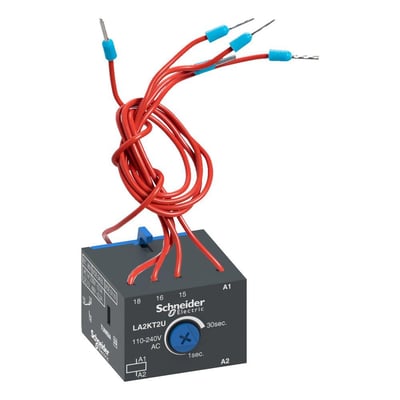 Schneider Electric TeSys K tidsblok LA2KT2U med 1CO kontakt og 110-240VAC spænding, vist med røde ledninger.