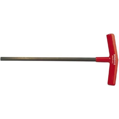 Bondhus sekskantnøgle med T-greb i rødt og en lang, mørkegrå klinge til 3mm bolte, fremstillet i USA.