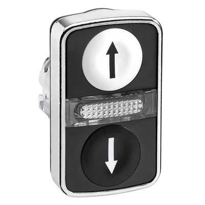 Schneider Electric Harmony XB4 dobbelt trykknap med metalkant, 22mm, med op/ned pile markering og LED-lys.
