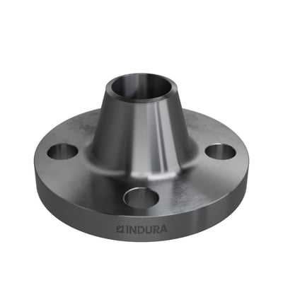 Nærbillede af Indura Welding Neck flange 1 1/4" med synligt Indura logo, viser RF-overfladen og boltehulrum.