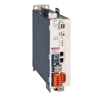 Schneider Electric Lexium LXM52 enkeltdrev 30A, 400V med tilslutninger og advarsel om farlig spænding.