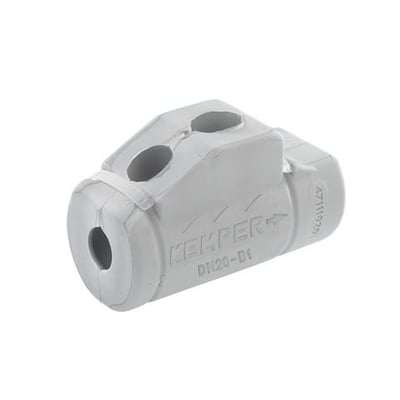 Kemper isoleringskappe DN 25 til Multi-Therm, en grå plastdel med to åbninger til rør og præget logo.