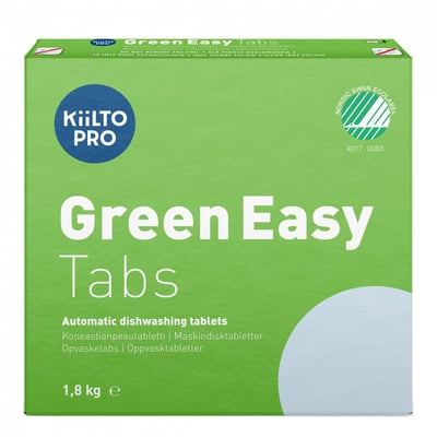 Forsiden af Kiilto PRO Green Easy Tabs emballage, der viser produktnavnet 'Green Easy Tabs' og information om, at det er automatiske opvasketabletter.