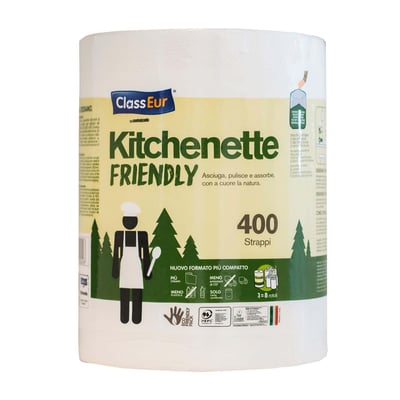 Køkkenrulle Maxi 2-lags fra ClassEur Kitchenette Friendly, 400 stropper i hvid med illustrationer af kok og skov.