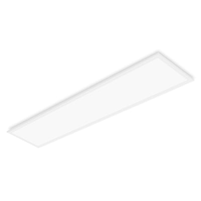 Hvidt, aflangt LEDVANCE Comfort Zigbee Direct Easy LED-panel på 300 x 1200 mm, set skråt med den plane lysflade synlig.