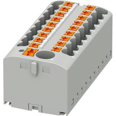 Grå fordelingsblok PTFIX 6/18X2,5-G GY fra Phoenix Contact med rækker af orange tilslutningspunkter.