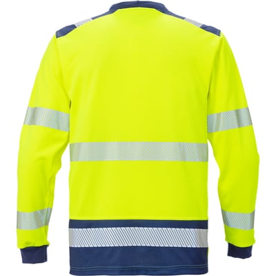 Kansas Fristad HiVis t-shirt 114100 bagfra i gul med mørkeblå detaljer og reflekterende striber på ærmer og bund.
