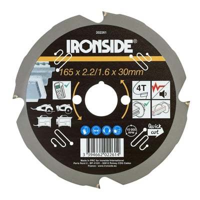 Ironside rundsavklinge til fibercement med fire PCD-tænder og 165 mm klingediameter, set forfra.