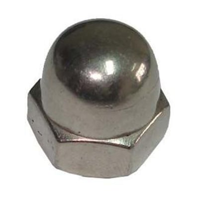 Enkel topmøtrik DIN 1587 A2, M8 viser dens glatte overflade og sekskantede bund i rustfrit stål.