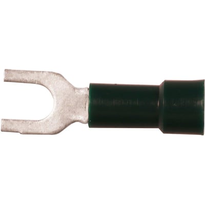 Elpress isoleret gaffelkabelsko grøn til 0,25-0,75mm² Cu-leder med M4 laske, lavet af fortinnet kobber og grøn PC isolering.